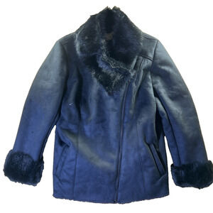 Dennis Basso Faux Suede Jacket w/ Faux Fur Collar & Cuffs Navy Size L QVC